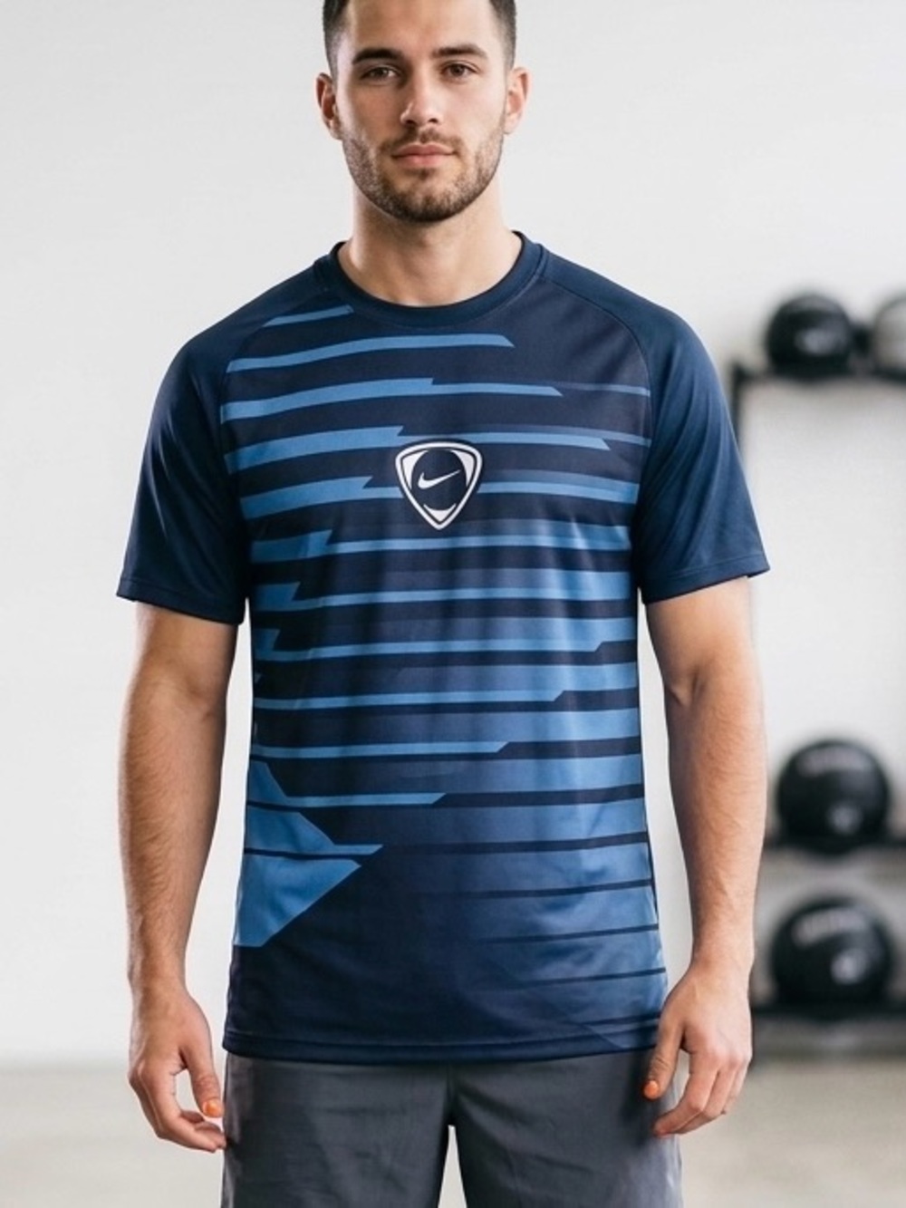 Nike Blue/Navy Striped Athletic Training Soccer Jersey Tee - Size XL